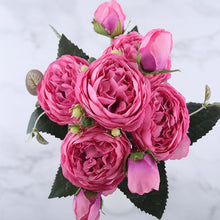 Load image into Gallery viewer, 30cm Rose Pink Silk Peony Artificial Flowers Bouquet 5 Big Head and 4 Bud Cheap Fake Flowers for Home Wedding Decoration indoor