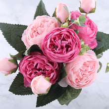 Load image into Gallery viewer, 30cm Rose Pink Silk Peony Artificial Flowers Bouquet 5 Big Head and 4 Bud Cheap Fake Flowers for Home Wedding Decoration indoor